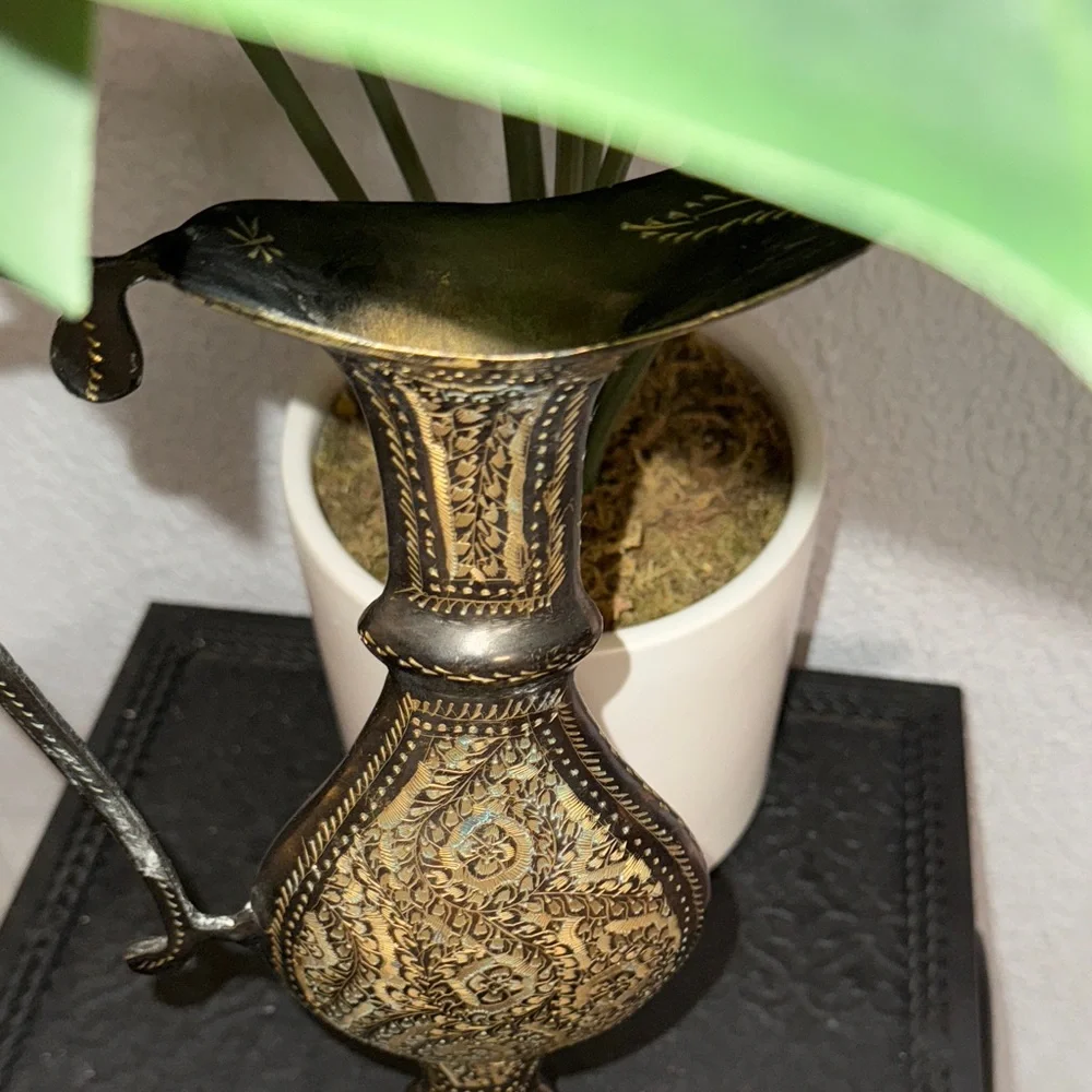 This is a‎ vintage decorative etched brass pitcher or ewer.